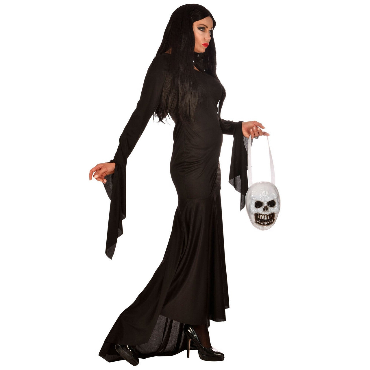 Op deze afbeelding zie je een Kostuums, van het merk Widmann. Lang Zwart Fladderend Morticia Addams Family Vrouw Kostuum