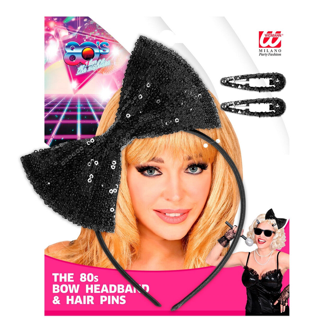 Op deze afbeelding zie je een Accessoires, van het merk Widmann. Pailletten Hoofdband 80s Met Strik En Haarspeld
