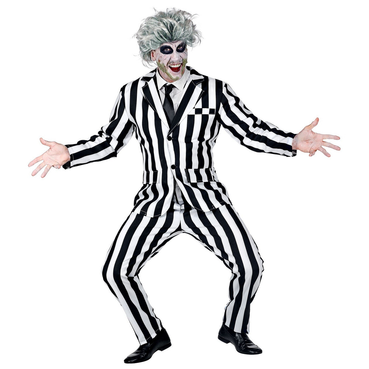 Op deze afbeelding zie je een Kostuums, van het merk Widmann. Streepjes Beetlejuice Spook Man Kostuum