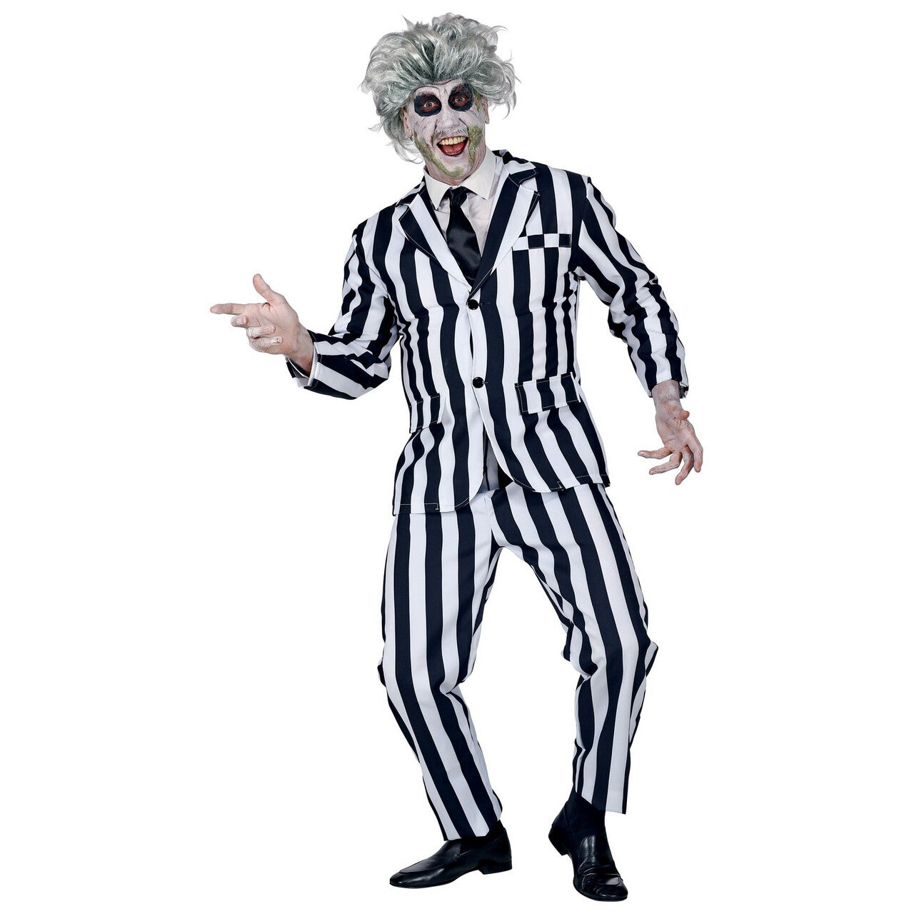 Op deze afbeelding zie je een Kostuums, van het merk Widmann. Streepjes Beetlejuice Spook Man Kostuum