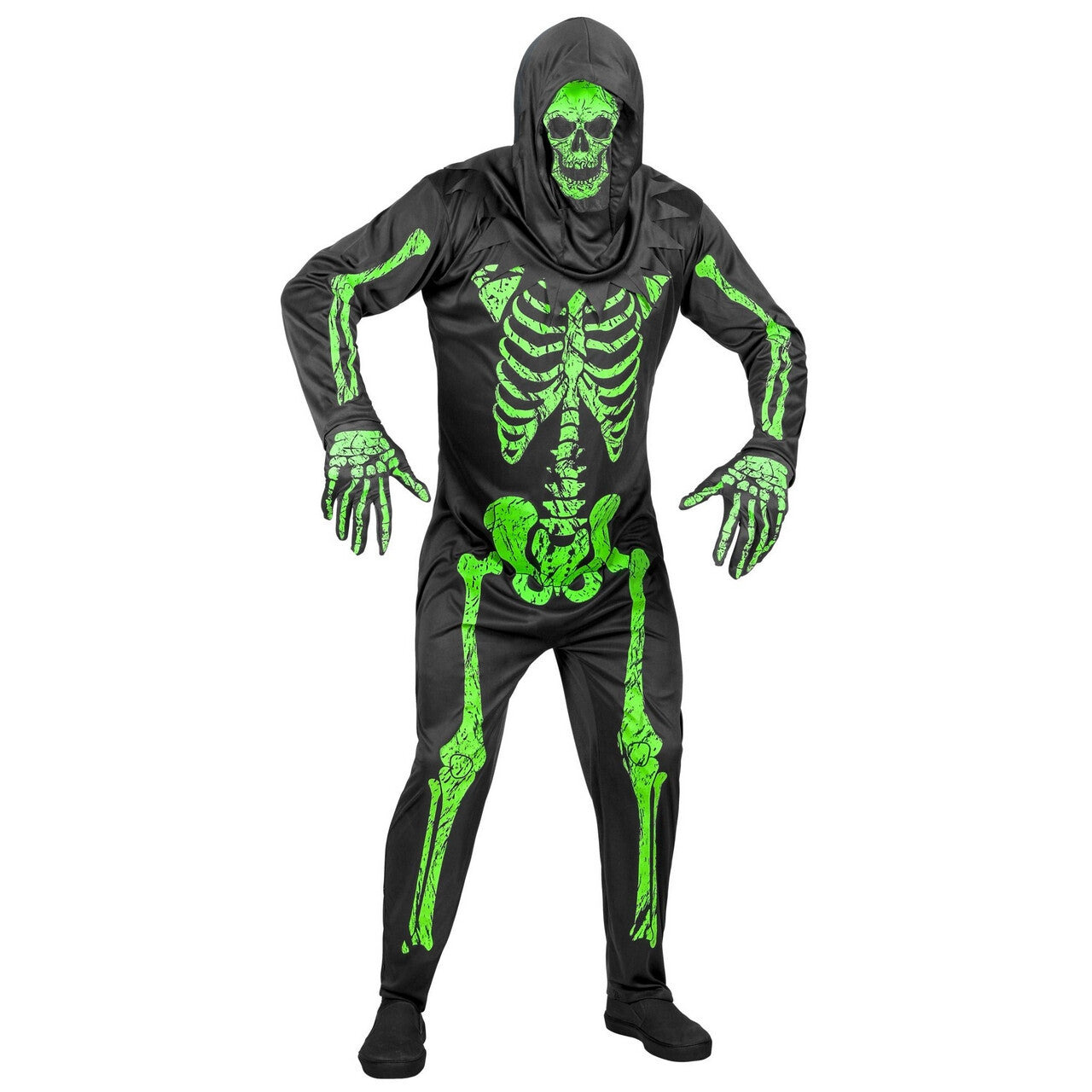Op deze afbeelding zie je een Kostuums, van het merk Widmann. Gruwelijk Groen Neon Skelet Man Kostuum