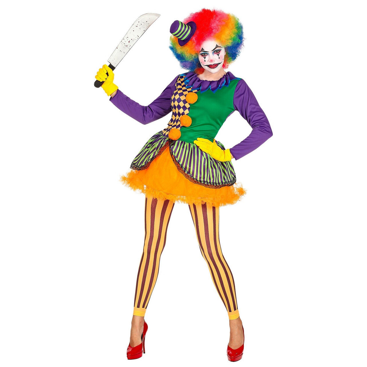 Op deze afbeelding zie je een Kostuums, van het merk Widmann. Knettergek Joker Circus Clown Vrouw Kostuum