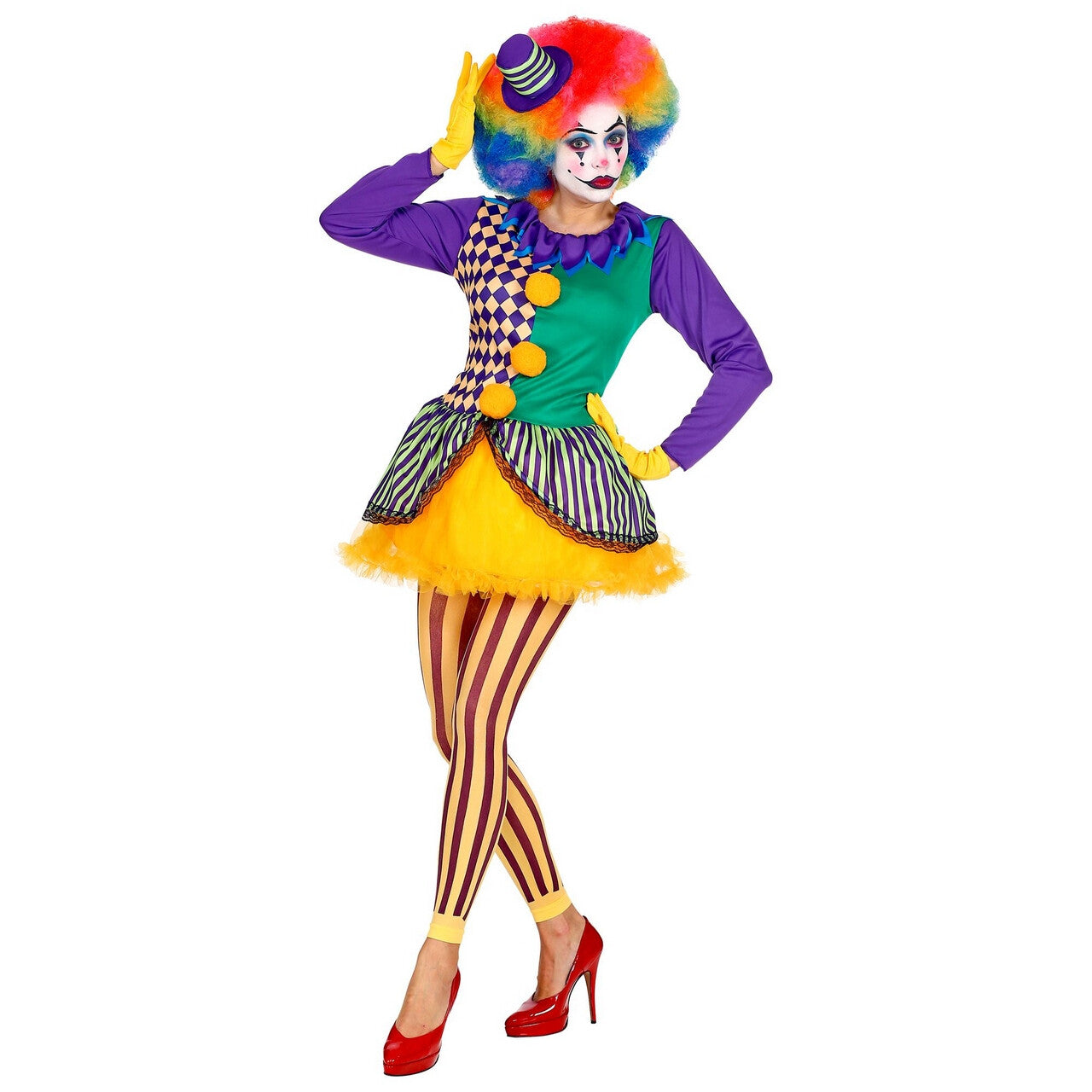 Op deze afbeelding zie je een Kostuums, van het merk Widmann. Knettergek Joker Circus Clown Vrouw Kostuum
