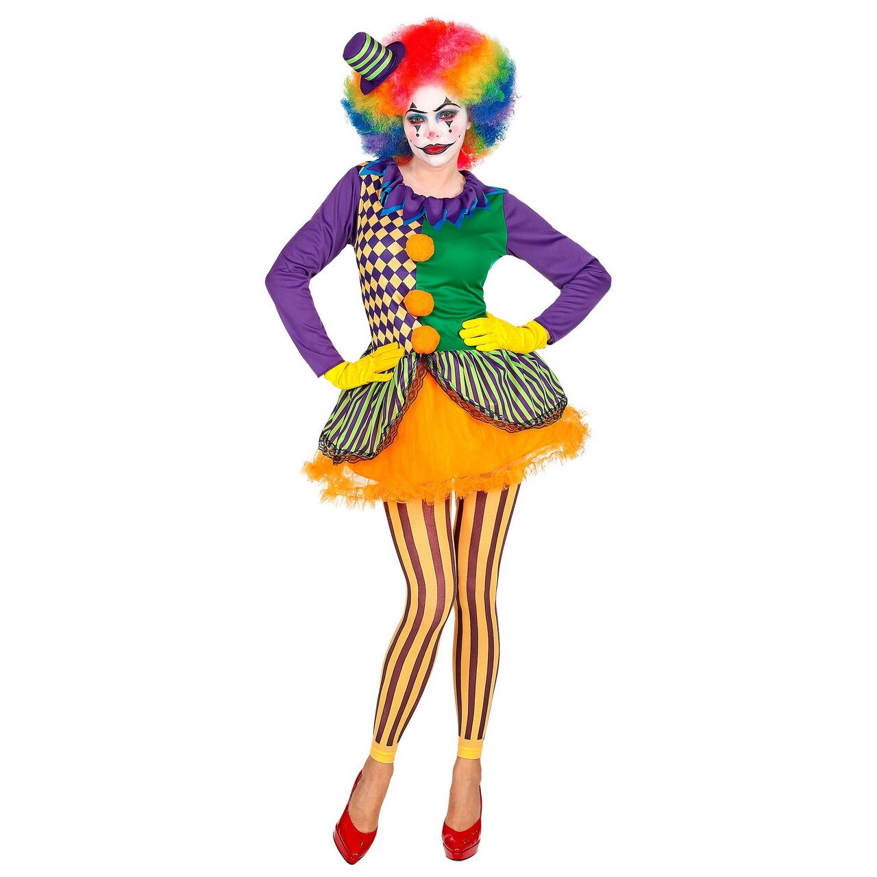 Op deze afbeelding zie je een Kostuums, van het merk Widmann. Knettergek Joker Circus Clown Vrouw Kostuum