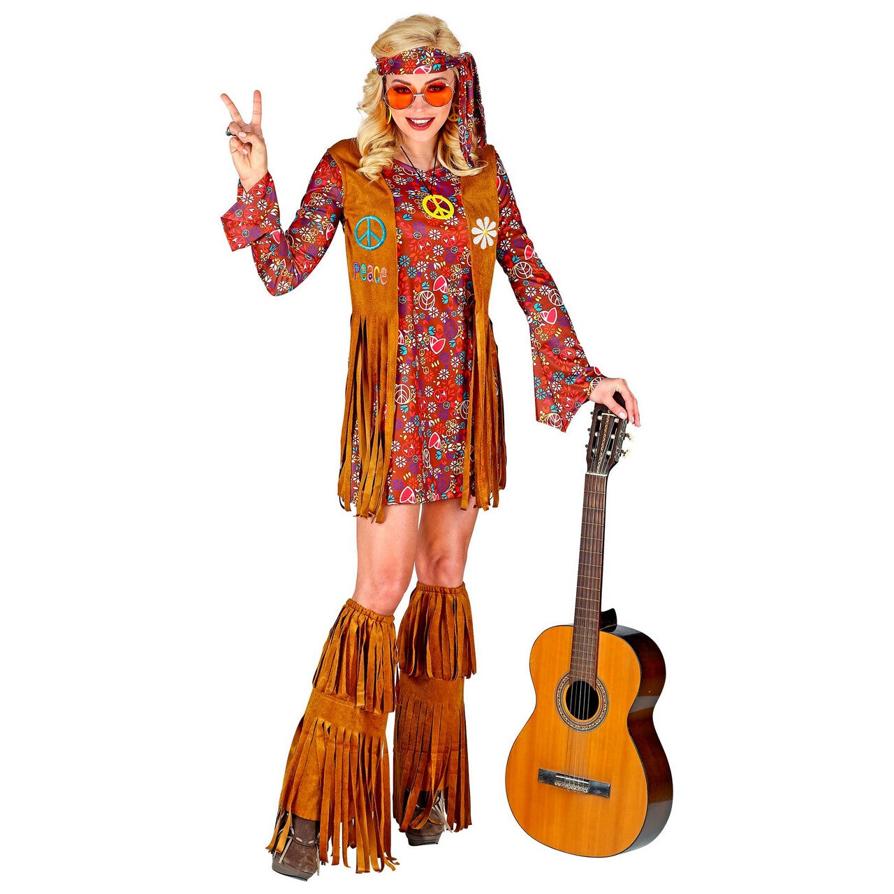 Op deze afbeelding zie je een Kostuums, van het merk Widmann. Francien Fraaie Franjes Hippie Jaren 60 Vrouw Kostuum