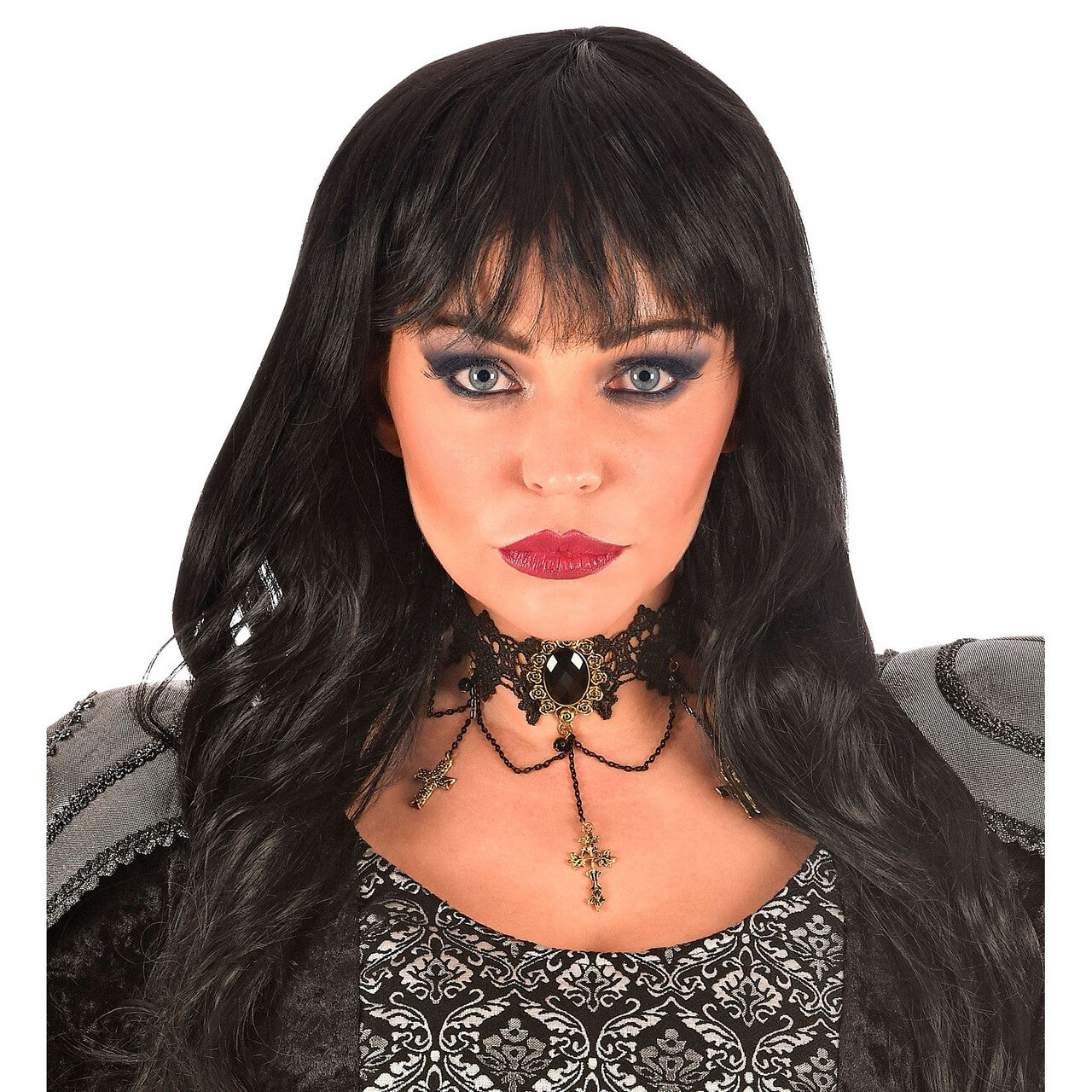 Op deze afbeelding zie je een Accessoires, van het merk Widmann. Choker Met Kruizen En Zwarte Edelstenen Duistere Religie
