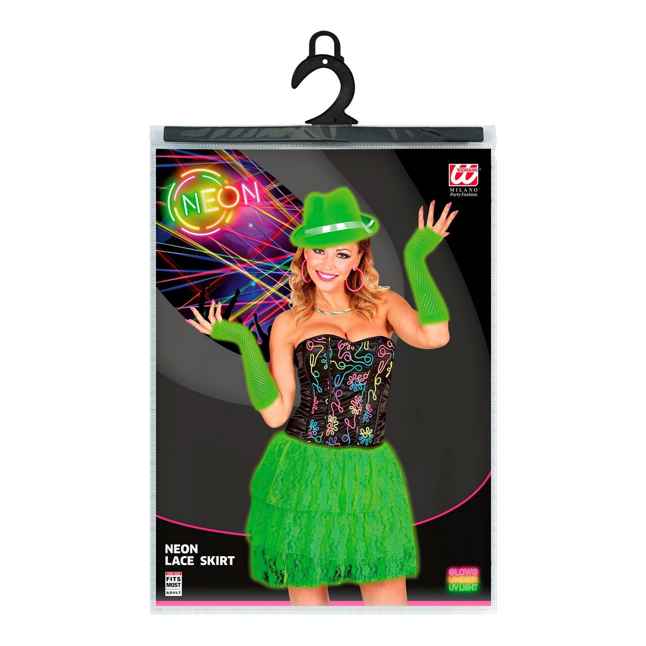 Op deze afbeelding zie je een Kostuums, van het merk Widmann. Neon Groene Kanten Disco Rok Vrouw