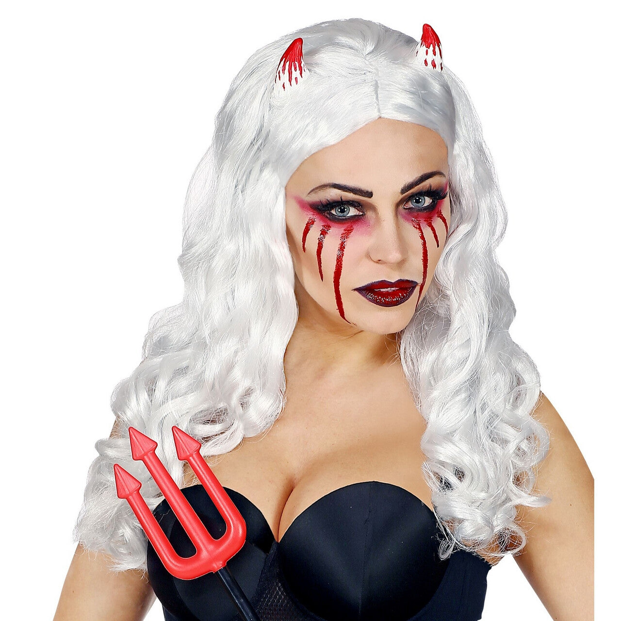 Op deze afbeelding zie je een Accessoires, van het merk Widmann. Pruik Met Horentjes Satanische Vrouw