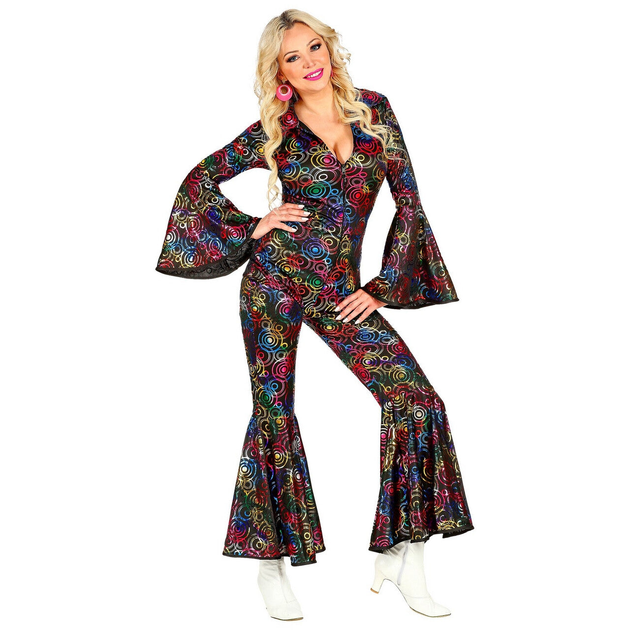 Op deze afbeelding zie je een Kostuums, van het merk Widmann. Hippie Draaien In De Disco Jaren 70 Stippen Jumpsuit Vrouw Kostuum