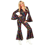Op deze afbeelding zie je een Kostuums, van het merk Widmann. Hippie Draaien In De Disco Jaren 70 Stippen Jumpsuit Vrouw Kostuum