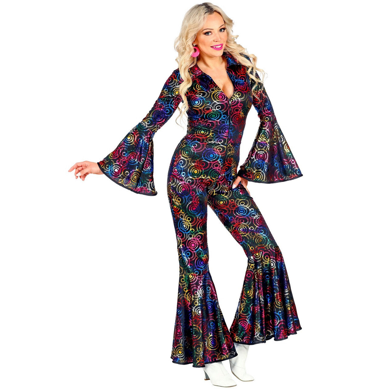 Op deze afbeelding zie je een Kostuums, van het merk Widmann. Hippie Draaien In De Disco Jaren 70 Stippen Jumpsuit Vrouw Kostuum