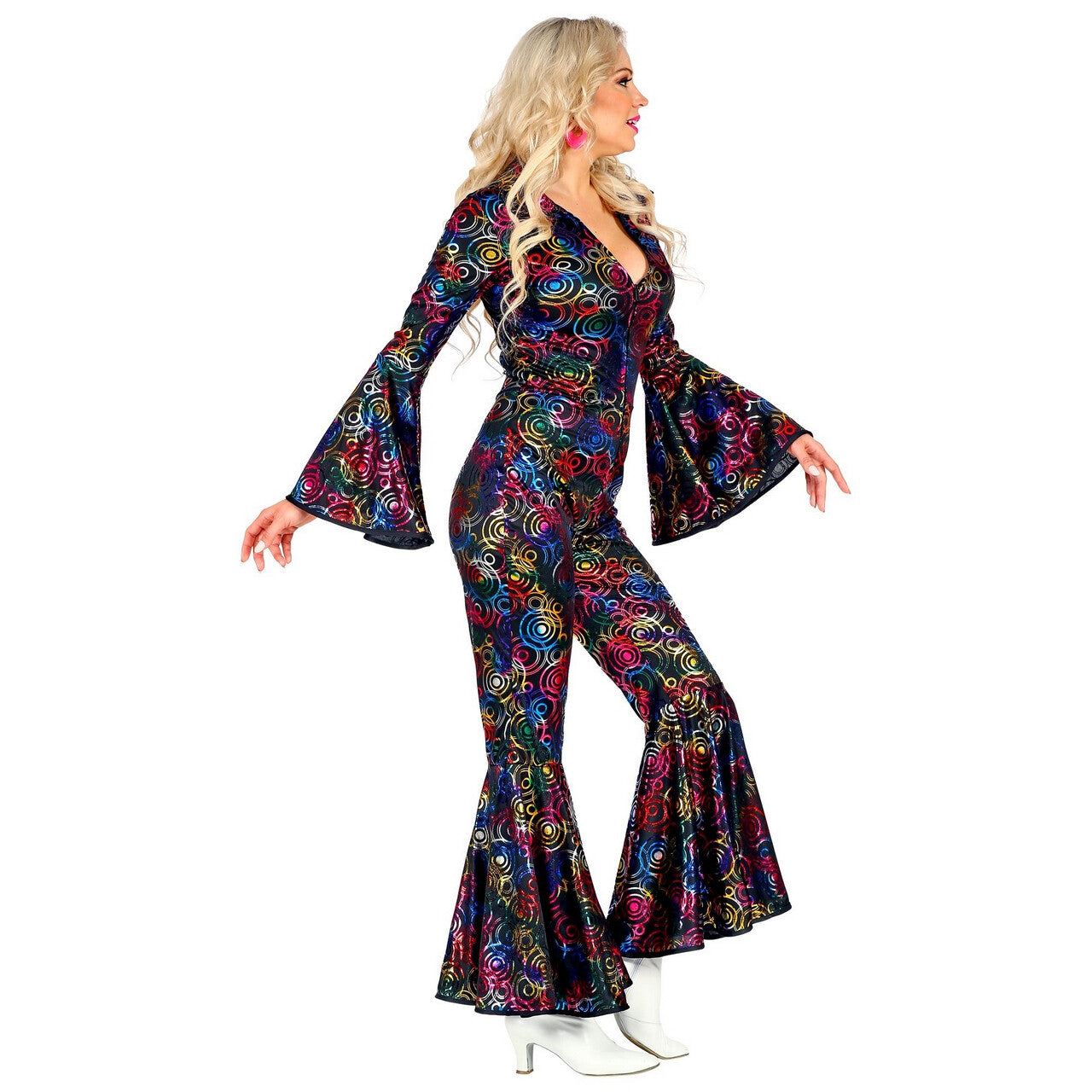 Op deze afbeelding zie je een Kostuums, van het merk Widmann. Hippie Draaien In De Disco Jaren 70 Stippen Jumpsuit Vrouw Kostuum
