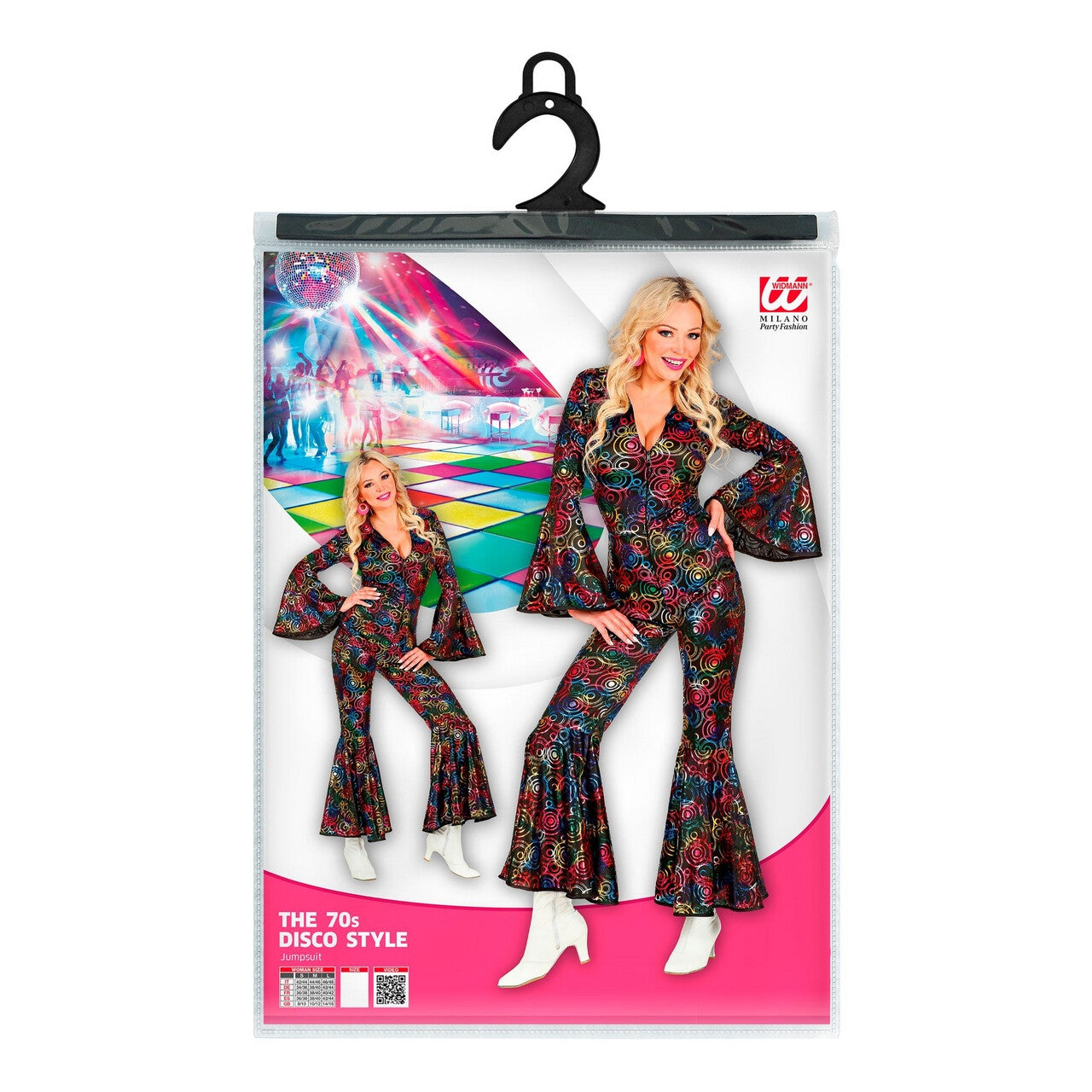 Op deze afbeelding zie je een Kostuums, van het merk Widmann. Hippie Draaien In De Disco Jaren 70 Stippen Jumpsuit Vrouw Kostuum