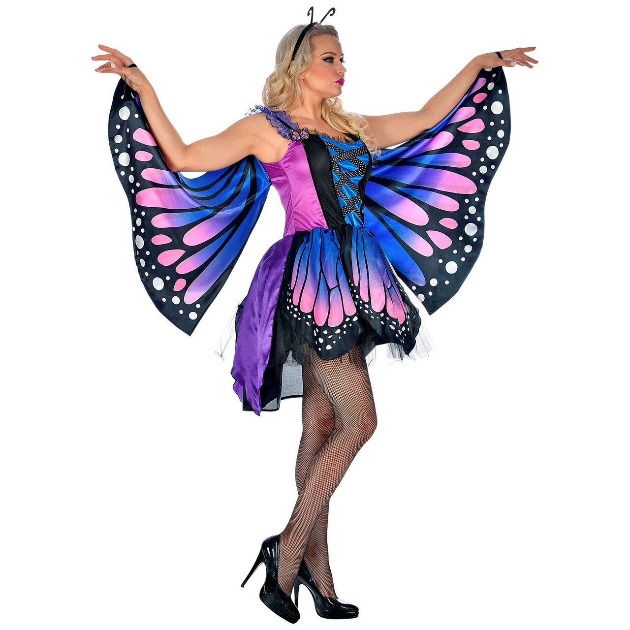 Op deze afbeelding zie je een Kostuums, van het merk Widmann. Prachtige Paars Roze Vlinder Vrouw Kostuum