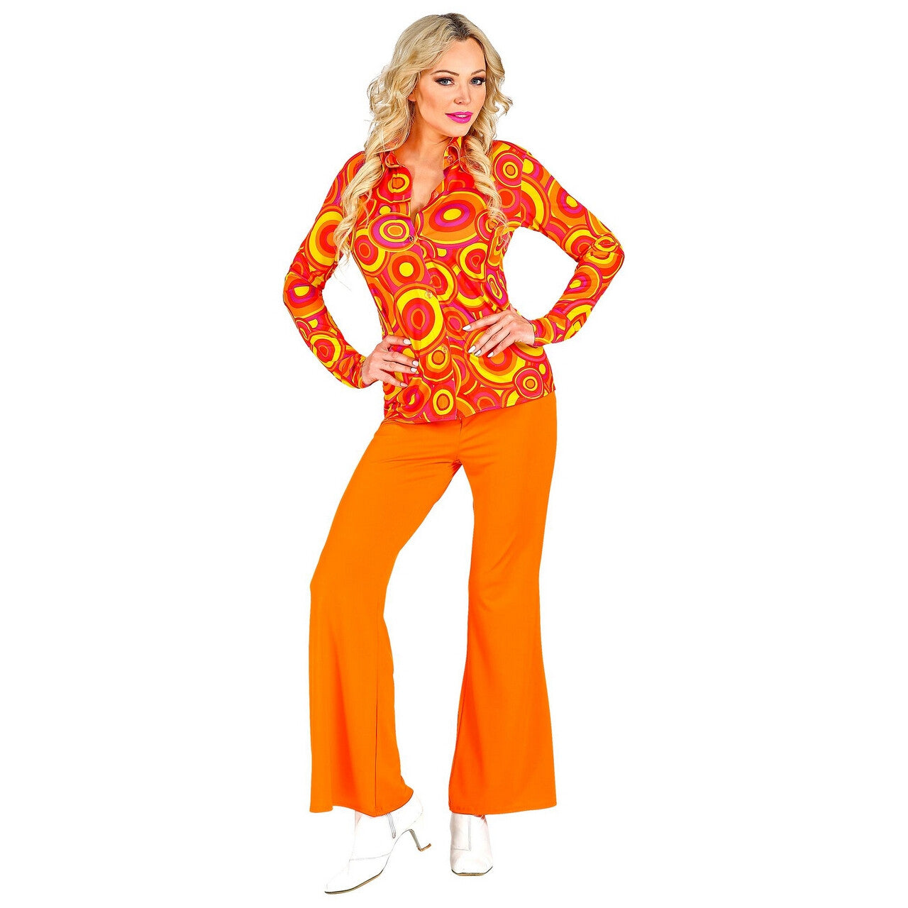 Op deze afbeelding zie je een Kostuums, van het merk Widmann. Knaloranje Jaren 70 Koningin Van De Dansvloer Shirt Vrouw