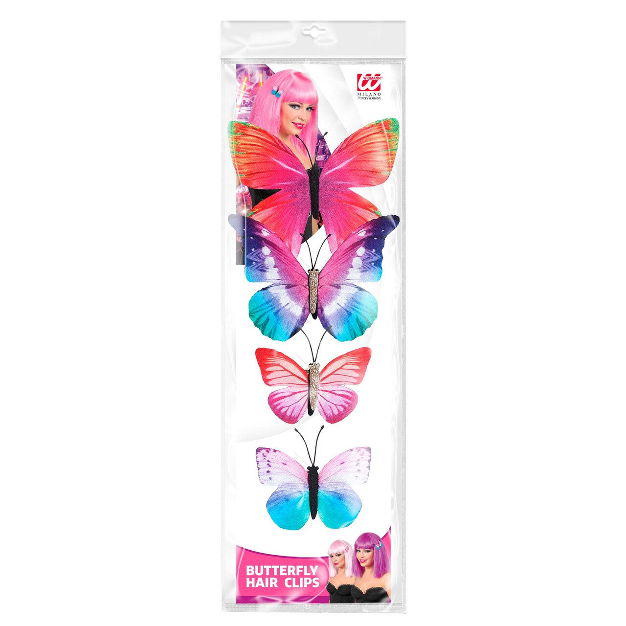 Op deze afbeelding zie je een Accessoires, van het merk Widmann. Set Van 4 Tropische Vlinder Haarclips