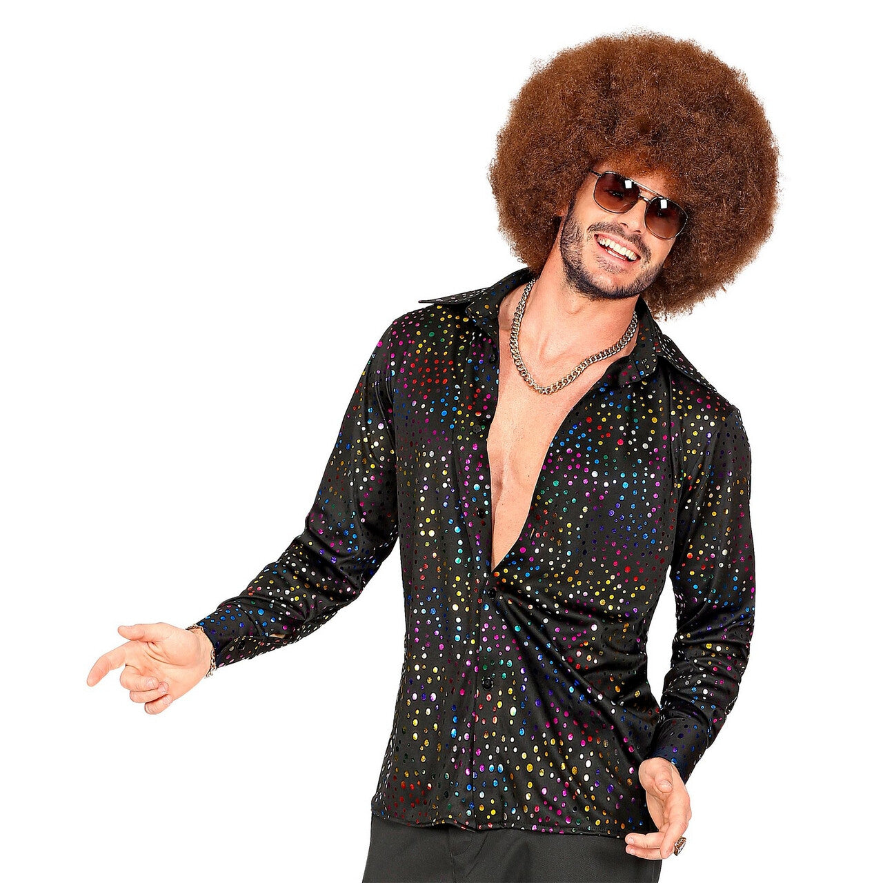 Op deze afbeelding zie je een Kostuums, van het merk Widmann. Groovy Style Disco Zwarte Stippen Shirt 70s Man