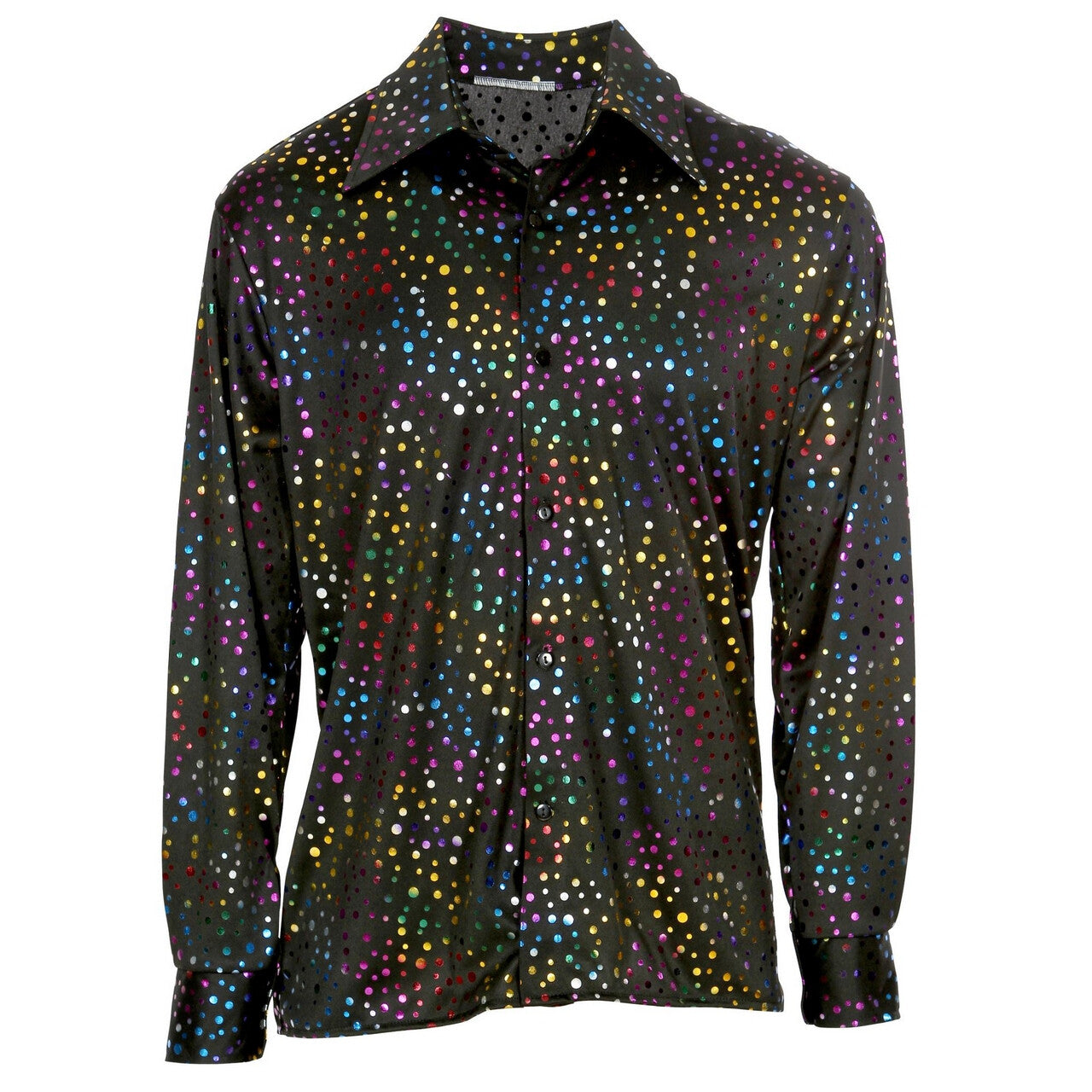 Op deze afbeelding zie je een Kostuums, van het merk Widmann. Groovy Style Disco Zwarte Stippen Shirt 70s Man