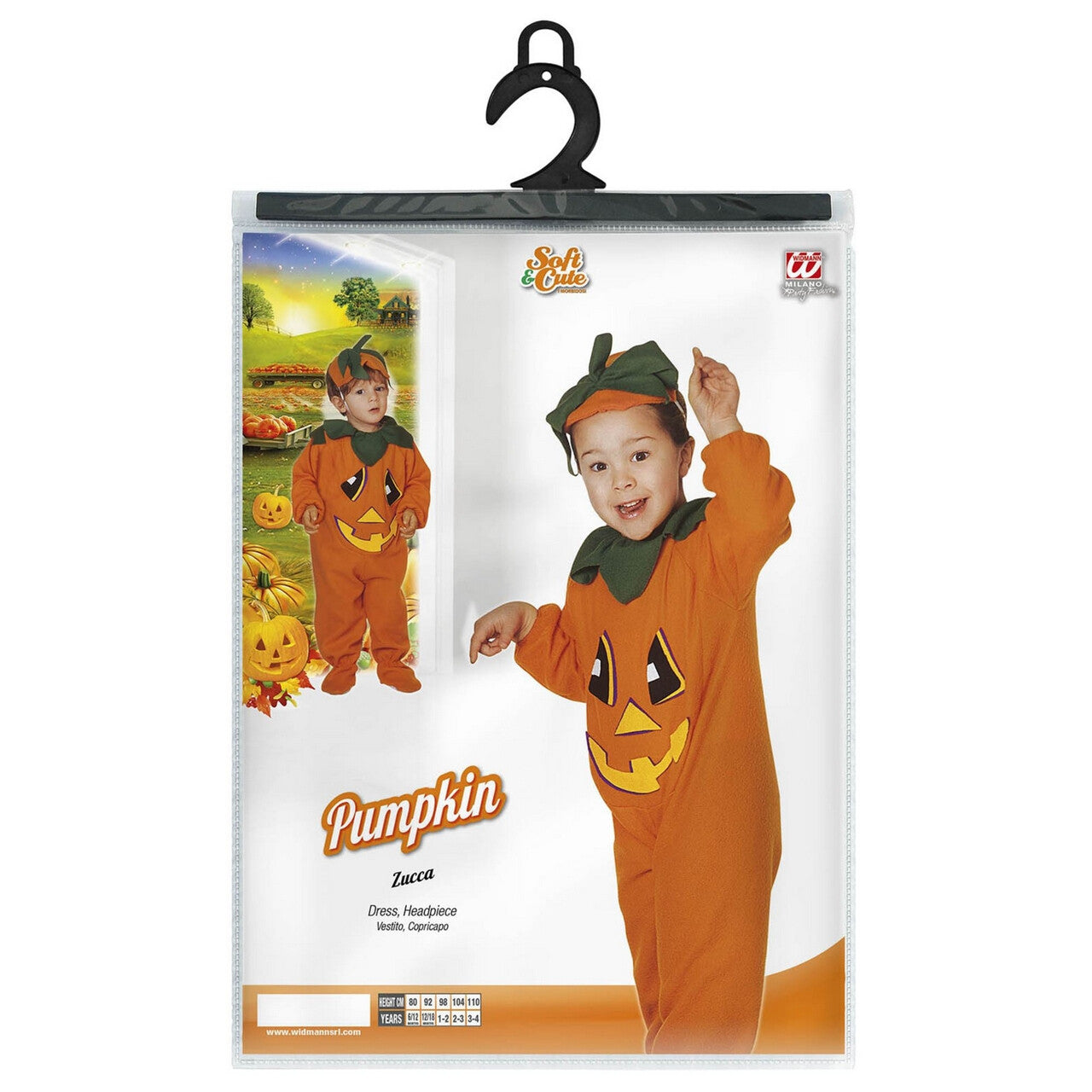 Op deze afbeelding zie je een Kostuums, van het merk Widmann. Kleine Oranje Grijnzende Pompoen Kind Kostuum