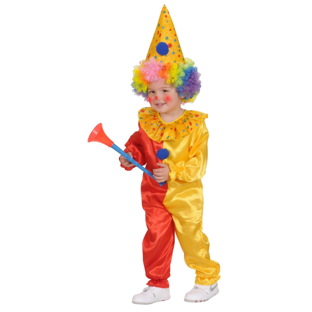 Op deze afbeelding zie je een Kostuums, van het merk Widmann. Geel Rode Stippen Circus Clown Kostuum Pepijn Proest Kind