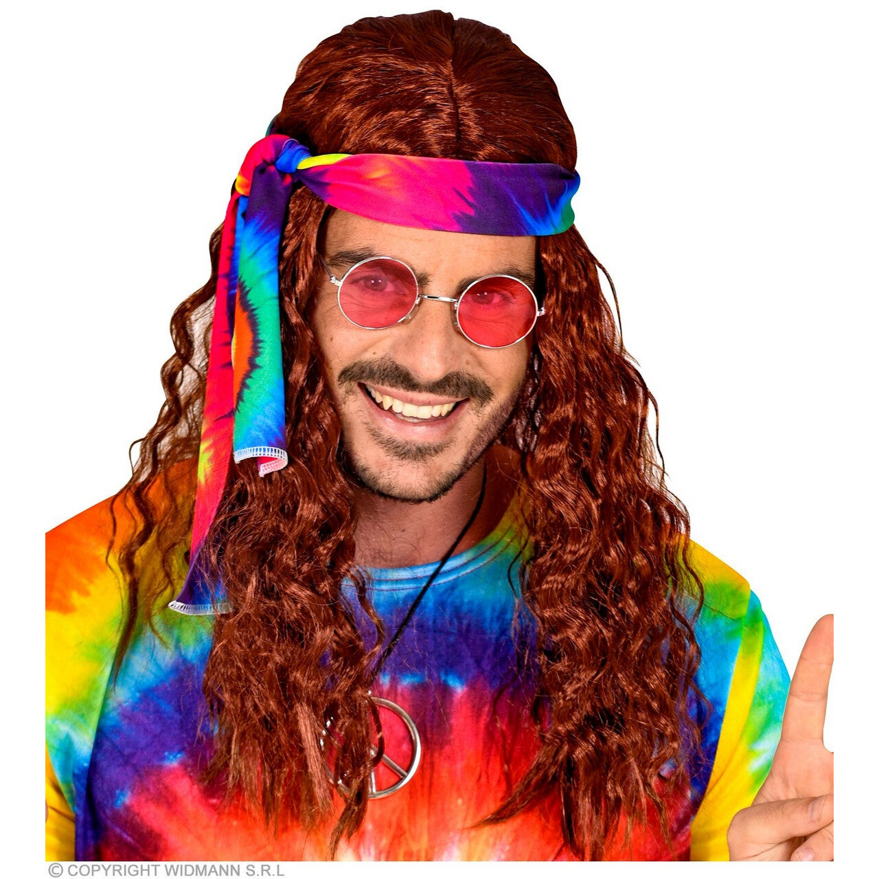 Op deze afbeelding zie je een Accessoires, van het merk Widmann. Hippie Pruik Met Hoofdband Tie Dye Bruin