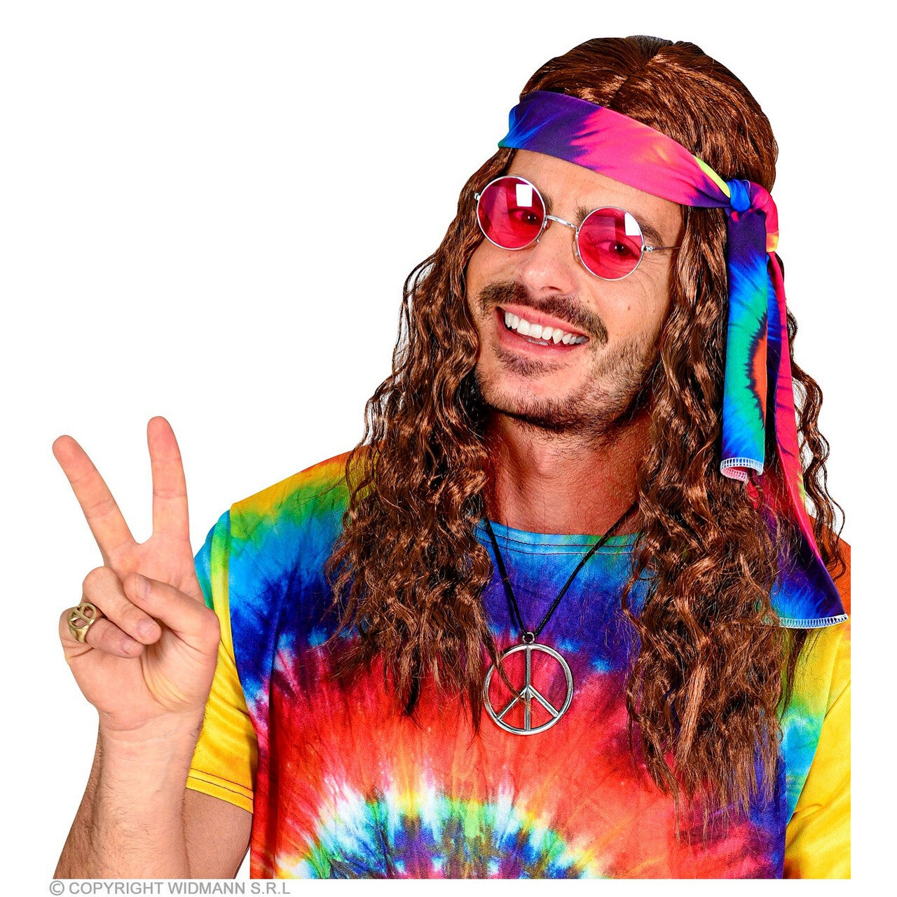 Op deze afbeelding zie je een Accessoires, van het merk Widmann. Hippie Pruik Met Hoofdband Tie Dye Bruin
