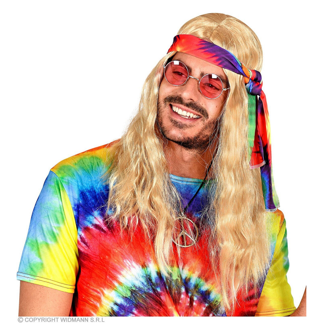 Op deze afbeelding zie je een Accessoires, van het merk Widmann. Hippie Pruik Met Hoofdband Tie Dye Blond