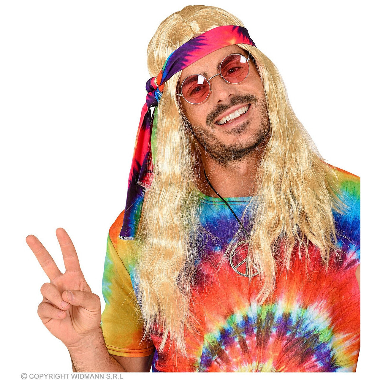 Op deze afbeelding zie je een Accessoires, van het merk Widmann. Hippie Pruik Met Hoofdband Tie Dye Blond