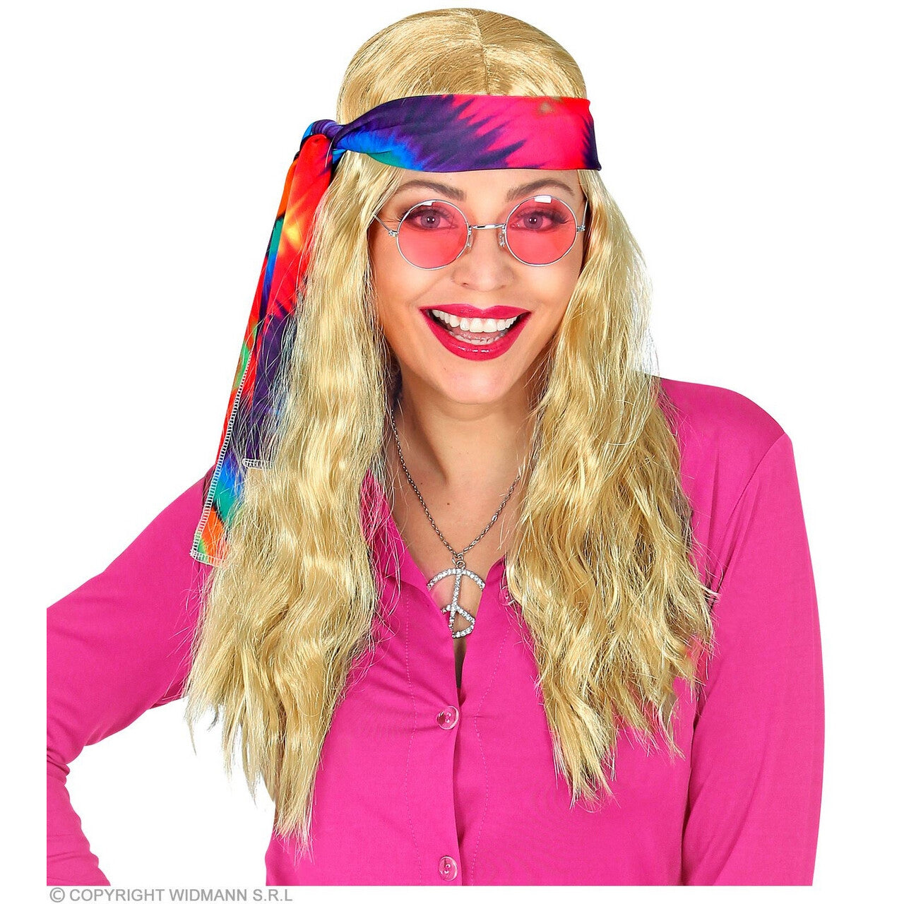 Op deze afbeelding zie je een Accessoires, van het merk Widmann. Hippie Pruik Met Hoofdband Tie Dye Blond