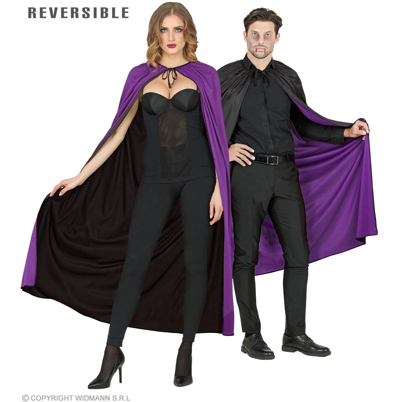 Op deze afbeelding zie je een Kostuums, van het merk Widmann. Omkeerbare Cape Vampier Goochelaar Cape 130cm, Zwart / Paars