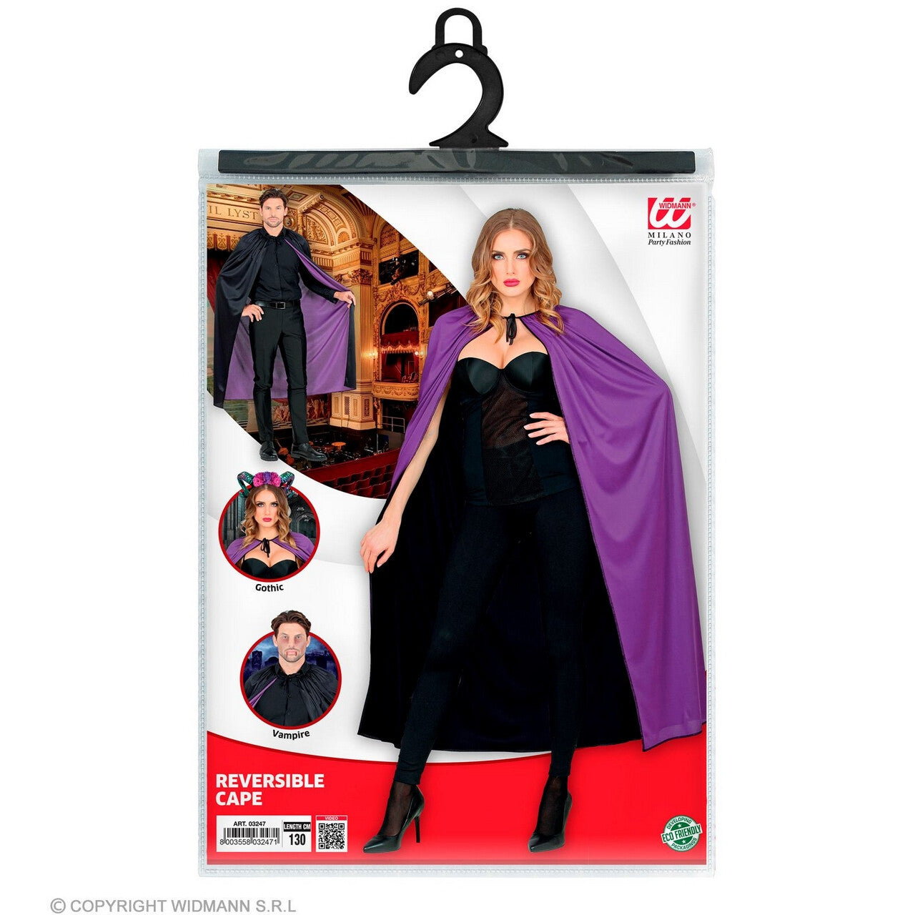 Op deze afbeelding zie je een Kostuums, van het merk Widmann. Omkeerbare Cape Vampier Goochelaar Cape 130cm, Zwart / Paars