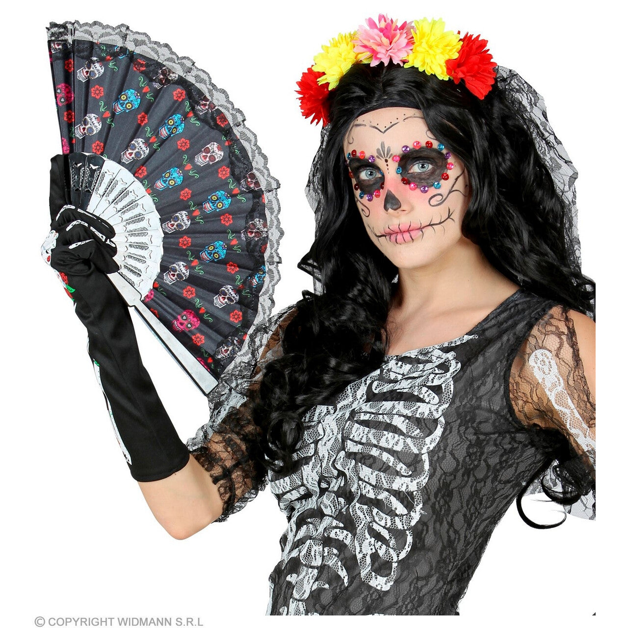 Op deze afbeelding zie je een Accessoires, van het merk Widmann. Waaier 23cm, Dag Der Doden