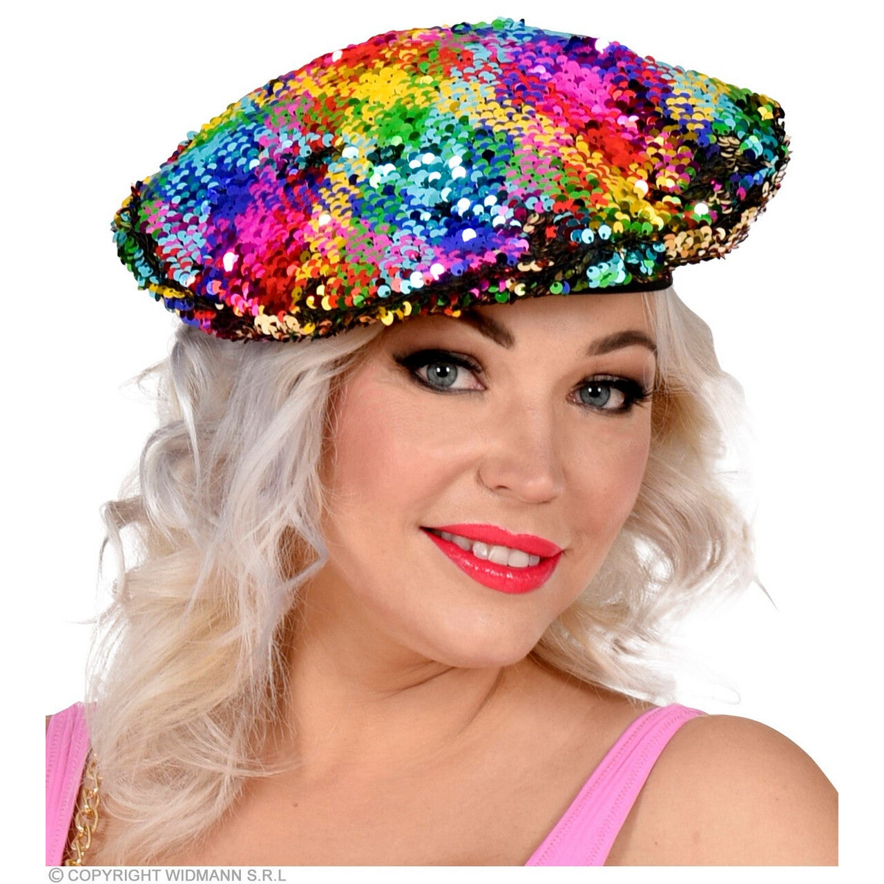 Op deze afbeelding zie je een Accessoires, van het merk Widmann. Omkeerbare Pailletten Baret Regenboog / Goud Hippe Hanna