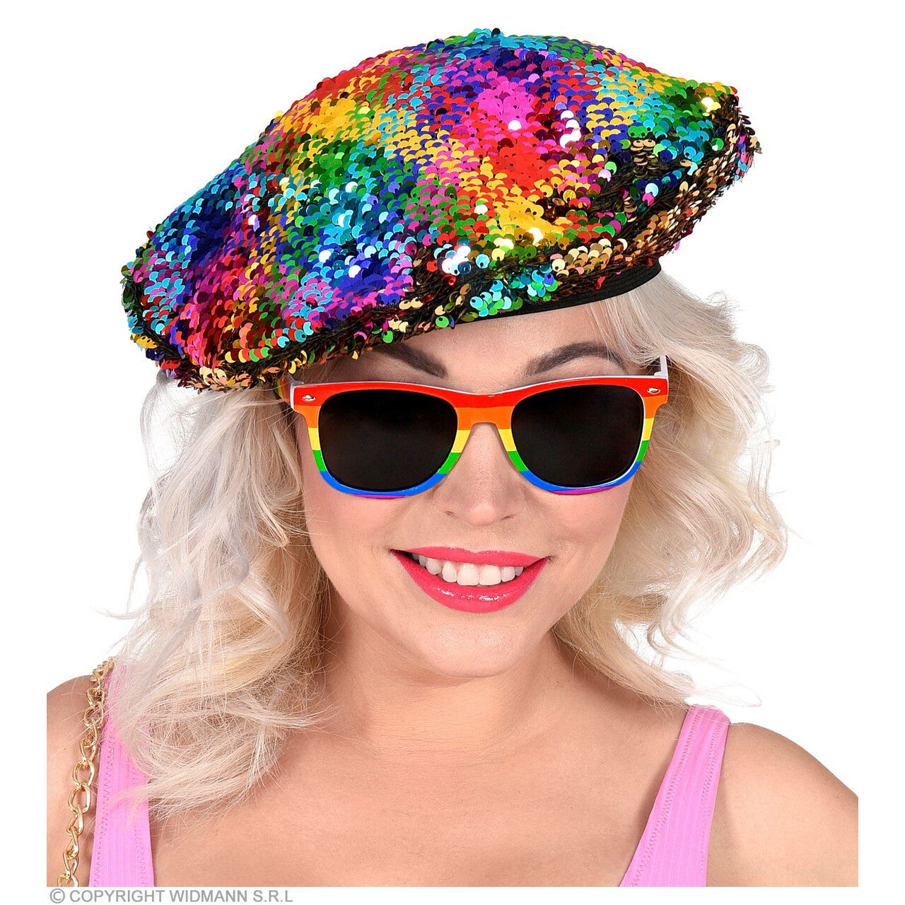 Op deze afbeelding zie je een Accessoires, van het merk Widmann. Omkeerbare Pailletten Baret Regenboog / Goud Hippe Hanna