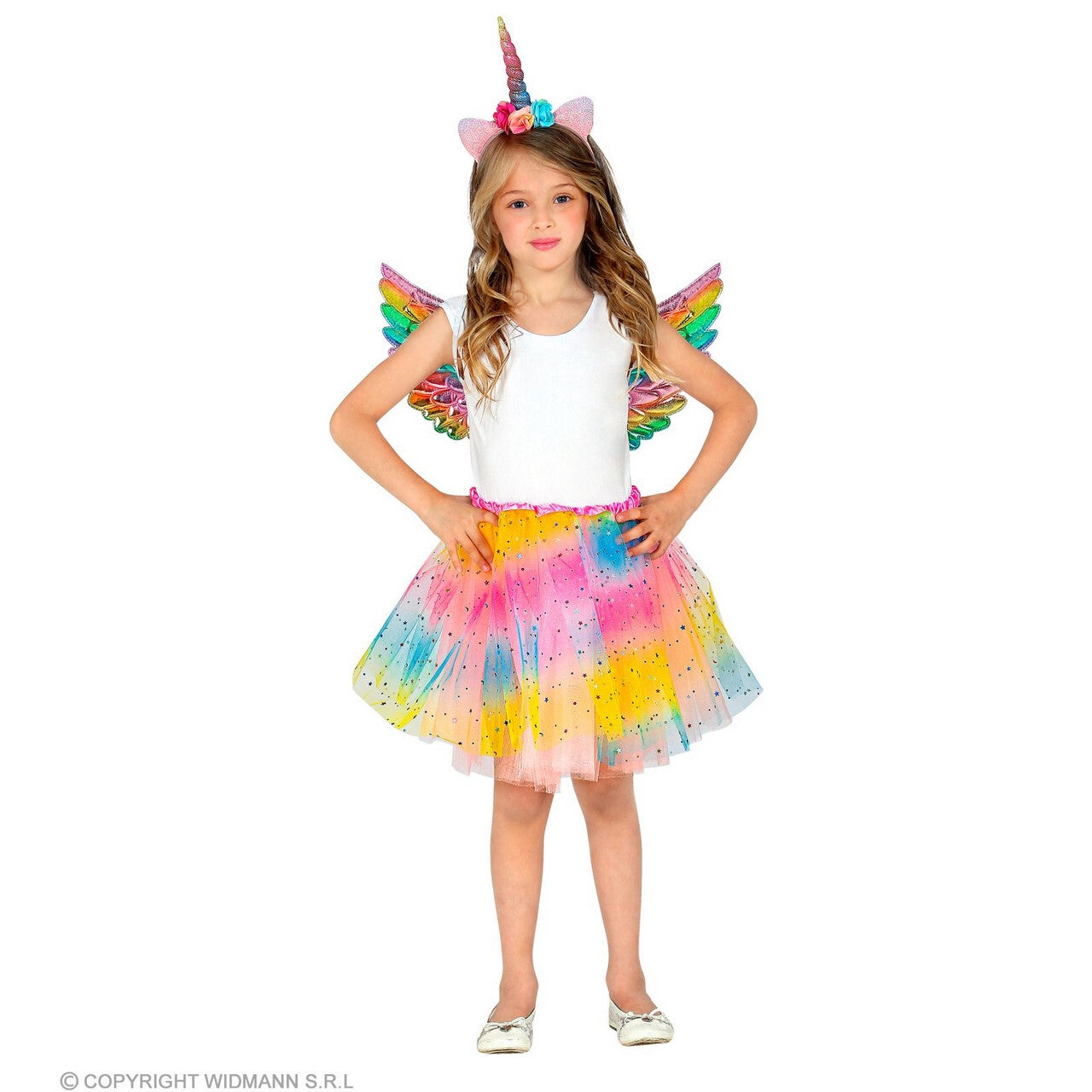 Op deze afbeelding zie je een Kostuums, van het merk Widmann. Kleurige Unicorn Set Meisje Kostuum