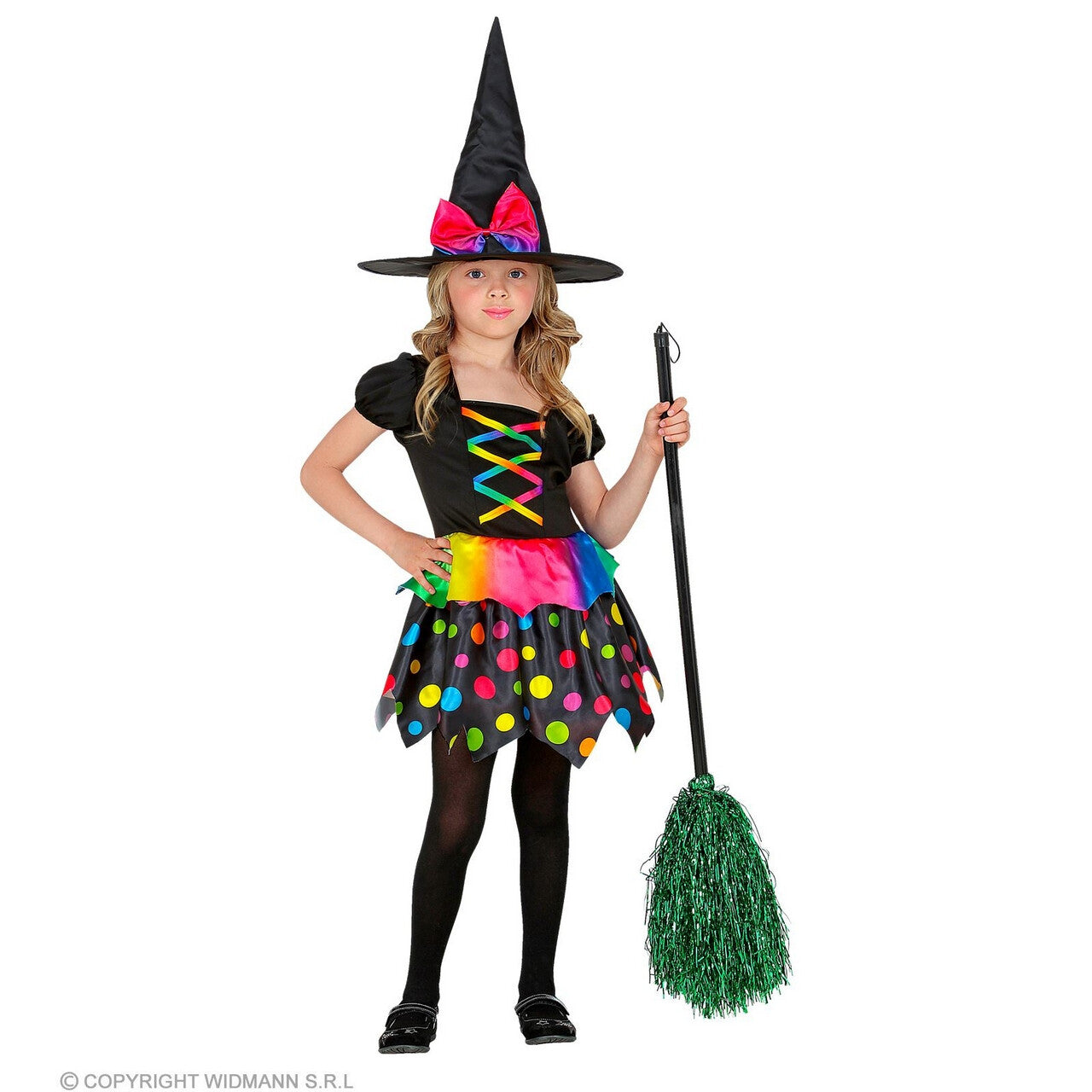 Op deze afbeelding zie je een Kostuums, van het merk Widmann. Gekleurde Polkadot Heks Henrika Meisje Kostuum