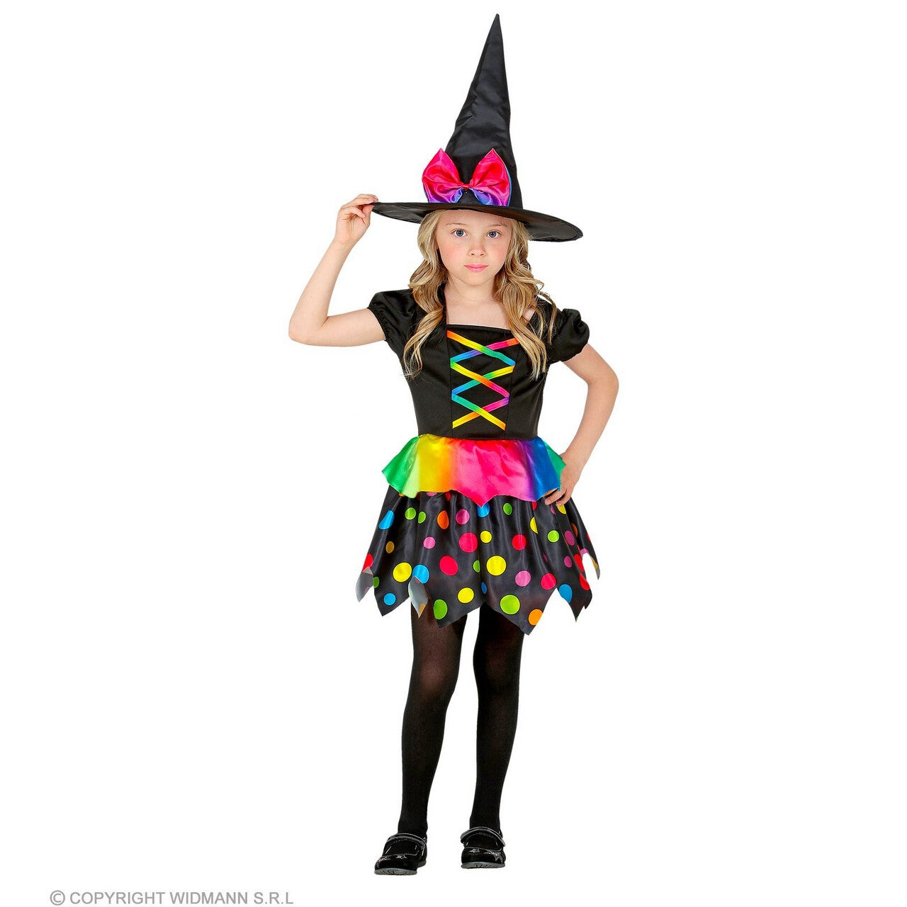 Op deze afbeelding zie je een Kostuums, van het merk Widmann. Gekleurde Polkadot Heks Henrika Meisje Kostuum