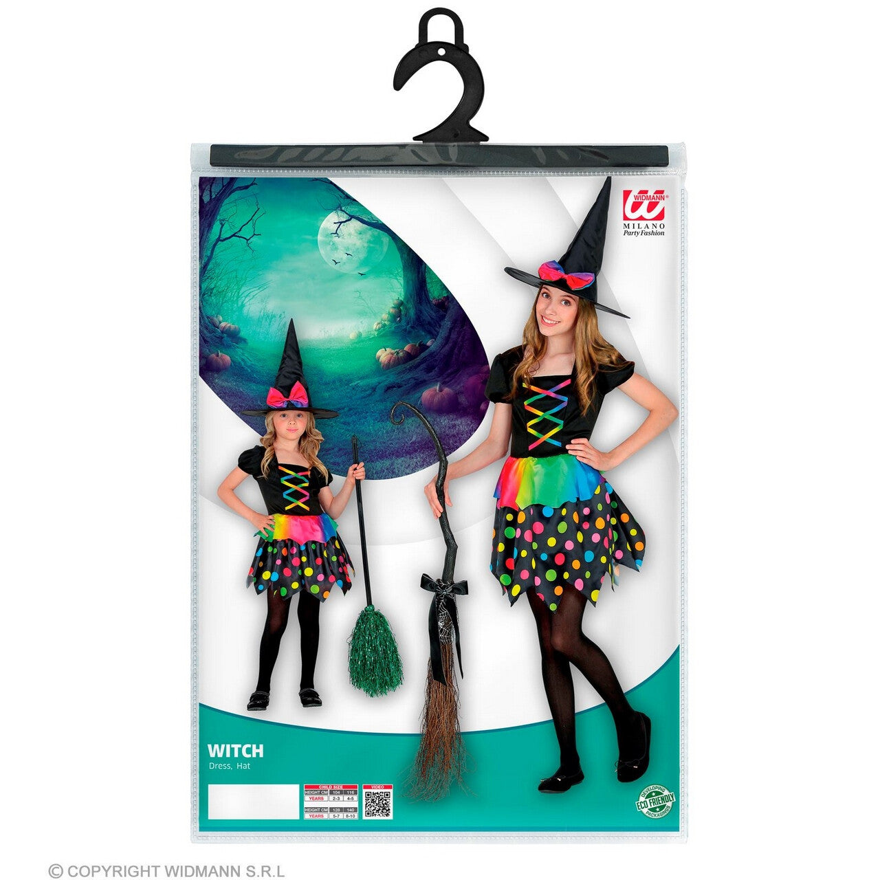Op deze afbeelding zie je een Kostuums, van het merk Widmann. Gekleurde Polkadot Heks Henrika Meisje Kostuum