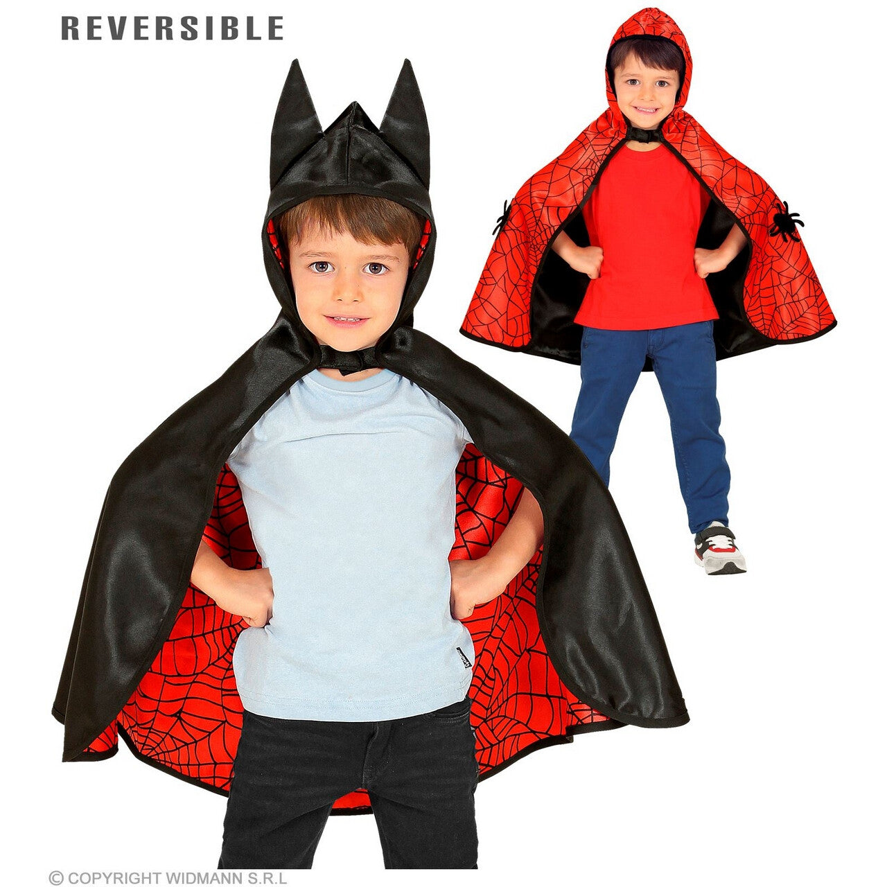 Op deze afbeelding zie je een Kostuums, van het merk Widmann. Batman Of Spiderman Omkeerbare Cape Kind