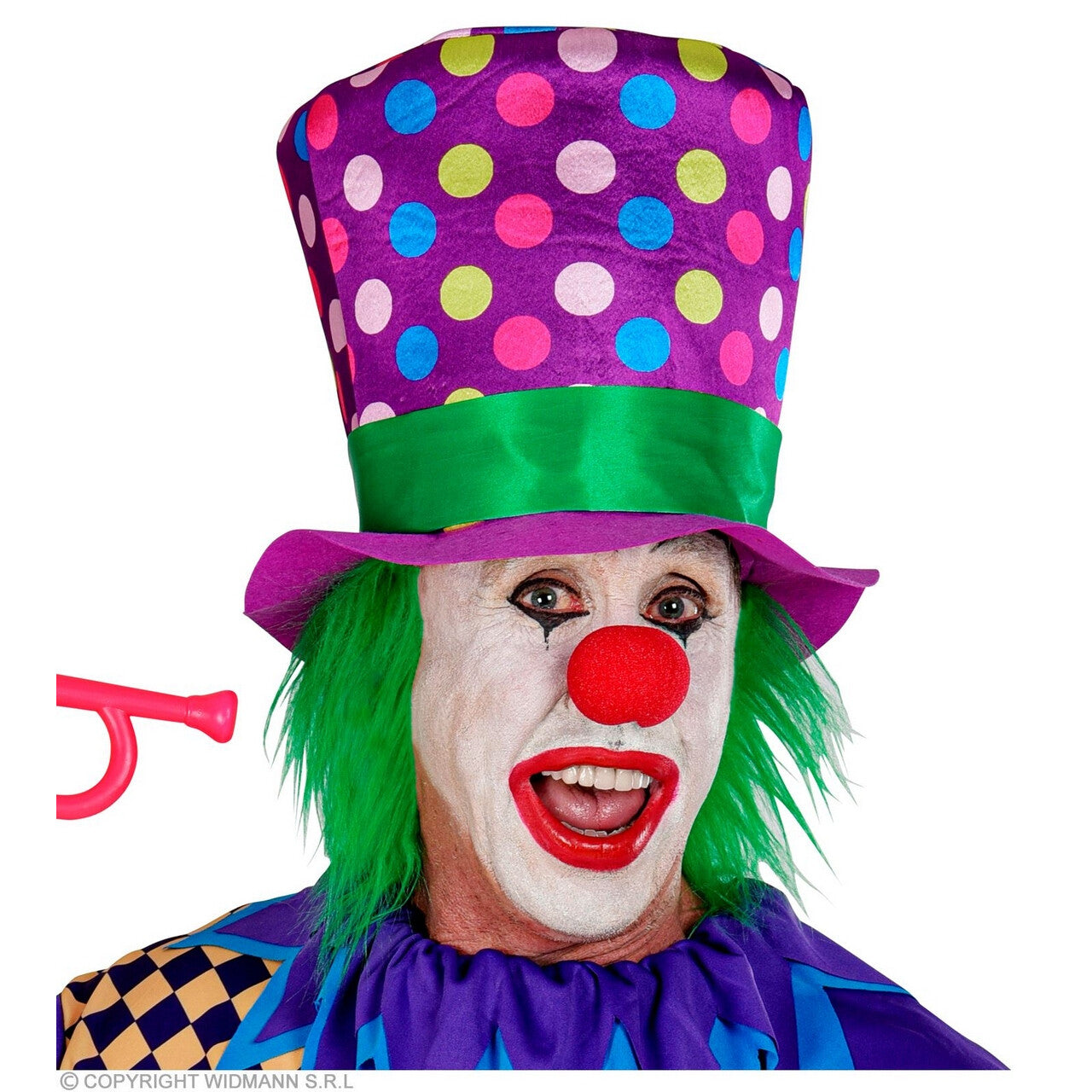 Op deze afbeelding zie je een Accessoires, van het merk Widmann. Blije Hoed Clown Stippie Met Gekleurde Stippen En Haar