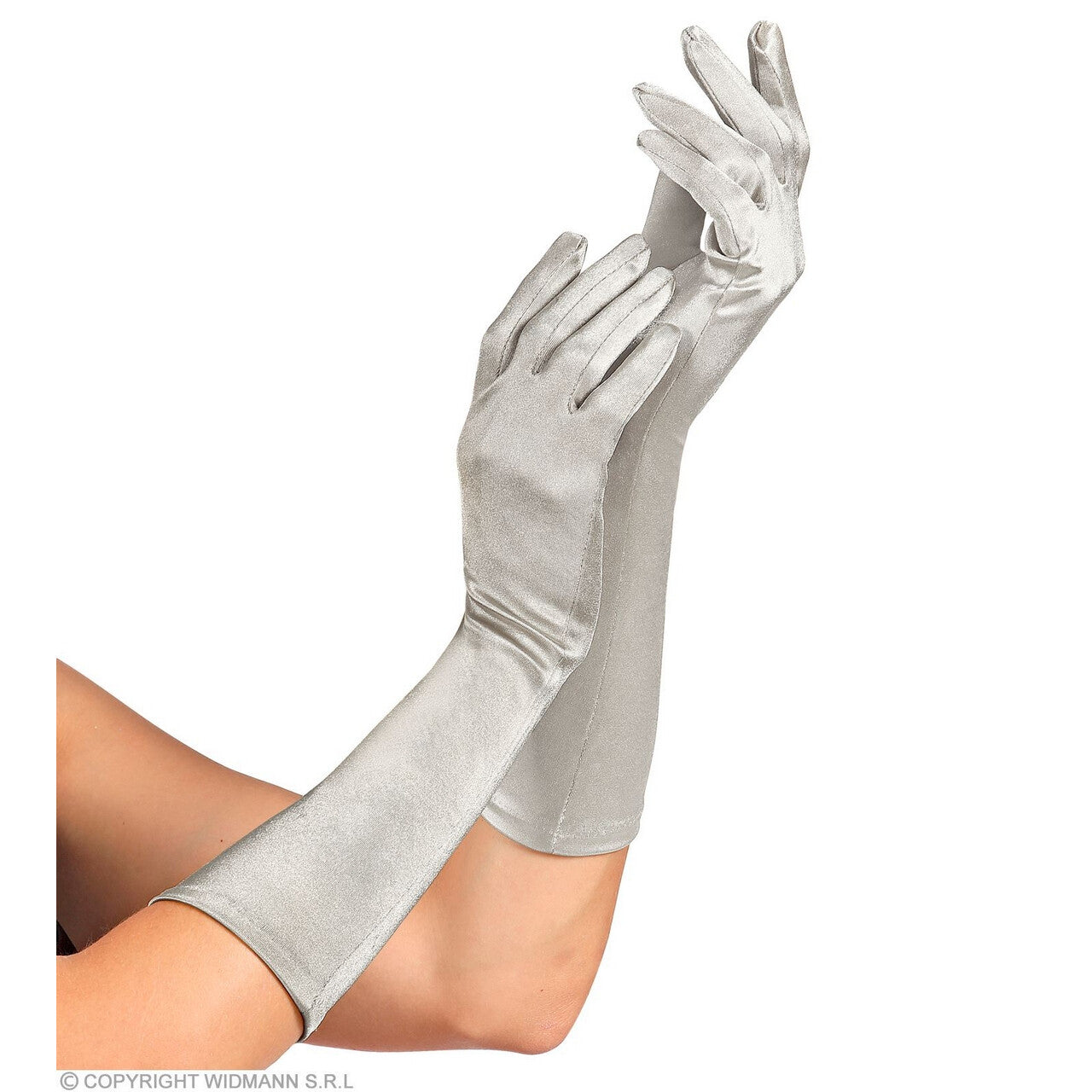 Op deze afbeelding zie je een Accessoires, van het merk Widmann. Elegante Handschoenen Satijn Elastaan 40 Centimeter Zilver