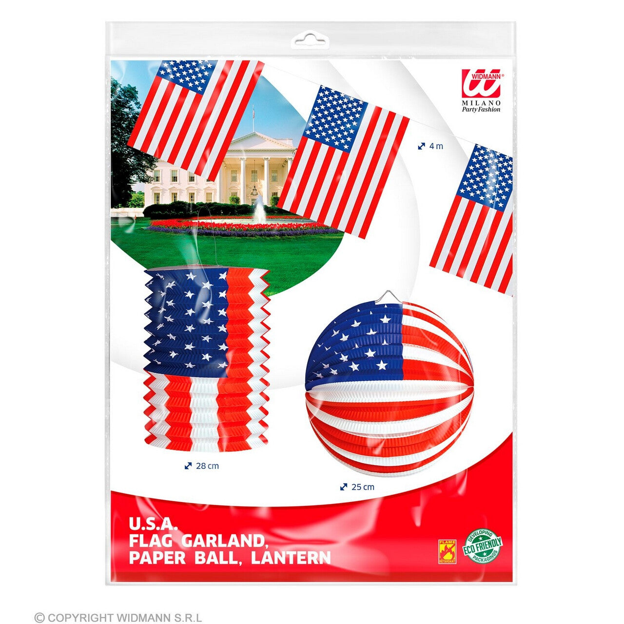 Op deze afbeelding zie je een Decoratie, van het merk Widmann. Set Vlaggenlijn, Papieren Bal En Lantaarn USA Independance Day