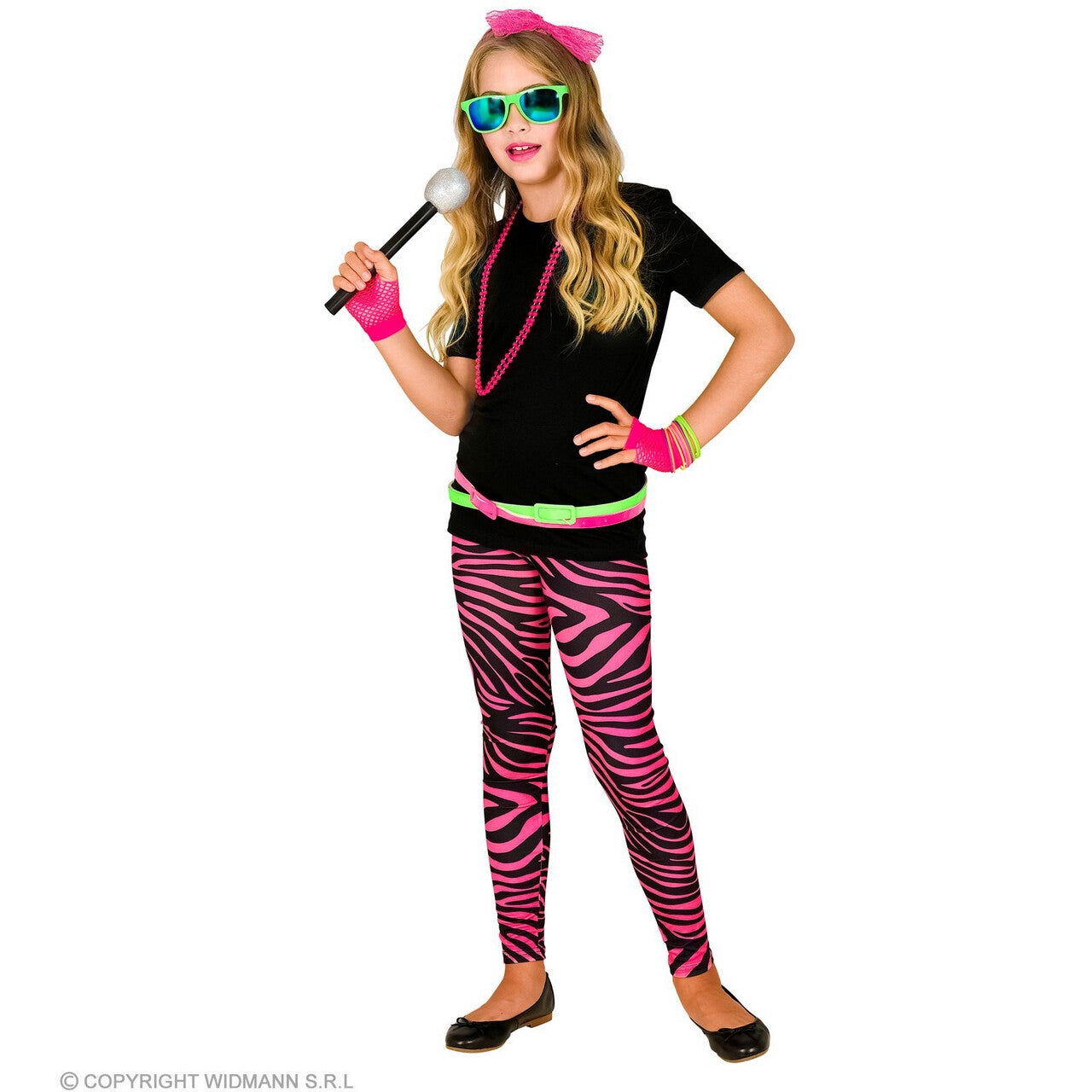 Op deze afbeelding zie je een Kostuums, van het merk Widmann. 80s Legging Funky Star Neon Roze Meisje