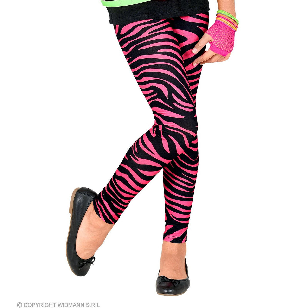 Op deze afbeelding zie je een Kostuums, van het merk Widmann. 80s Legging Funky Star Neon Roze Meisje