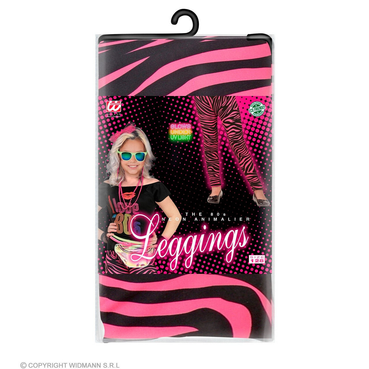 Op deze afbeelding zie je een Kostuums, van het merk Widmann. 80s Legging Funky Star Neon Roze Meisje