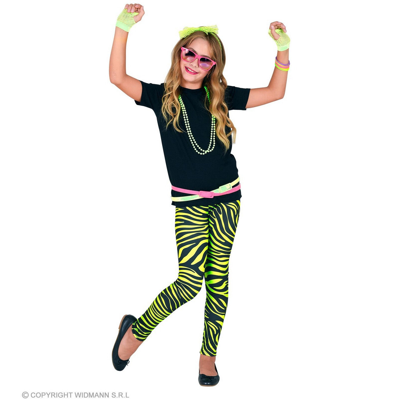 Op deze afbeelding zie je een Kostuums, van het merk Widmann. 80s Legging Nice Stripe Neon Groen Meisje