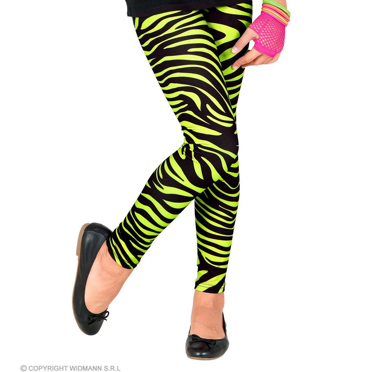 Op deze afbeelding zie je een Kostuums, van het merk Widmann. 80s Legging Nice Stripe Neon Groen Meisje