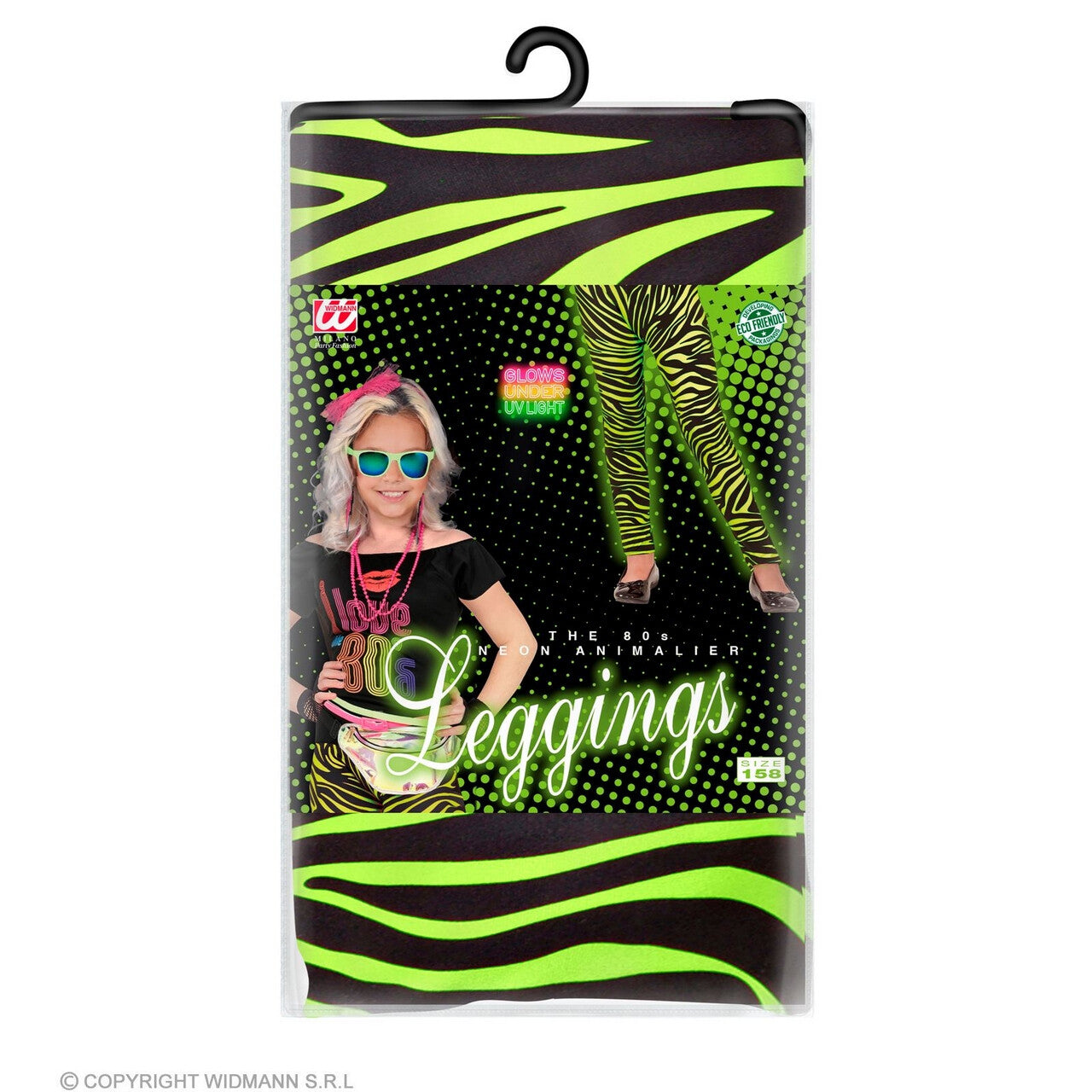 Op deze afbeelding zie je een Kostuums, van het merk Widmann. 80s Legging Nice Stripe Neon Groen Meisje