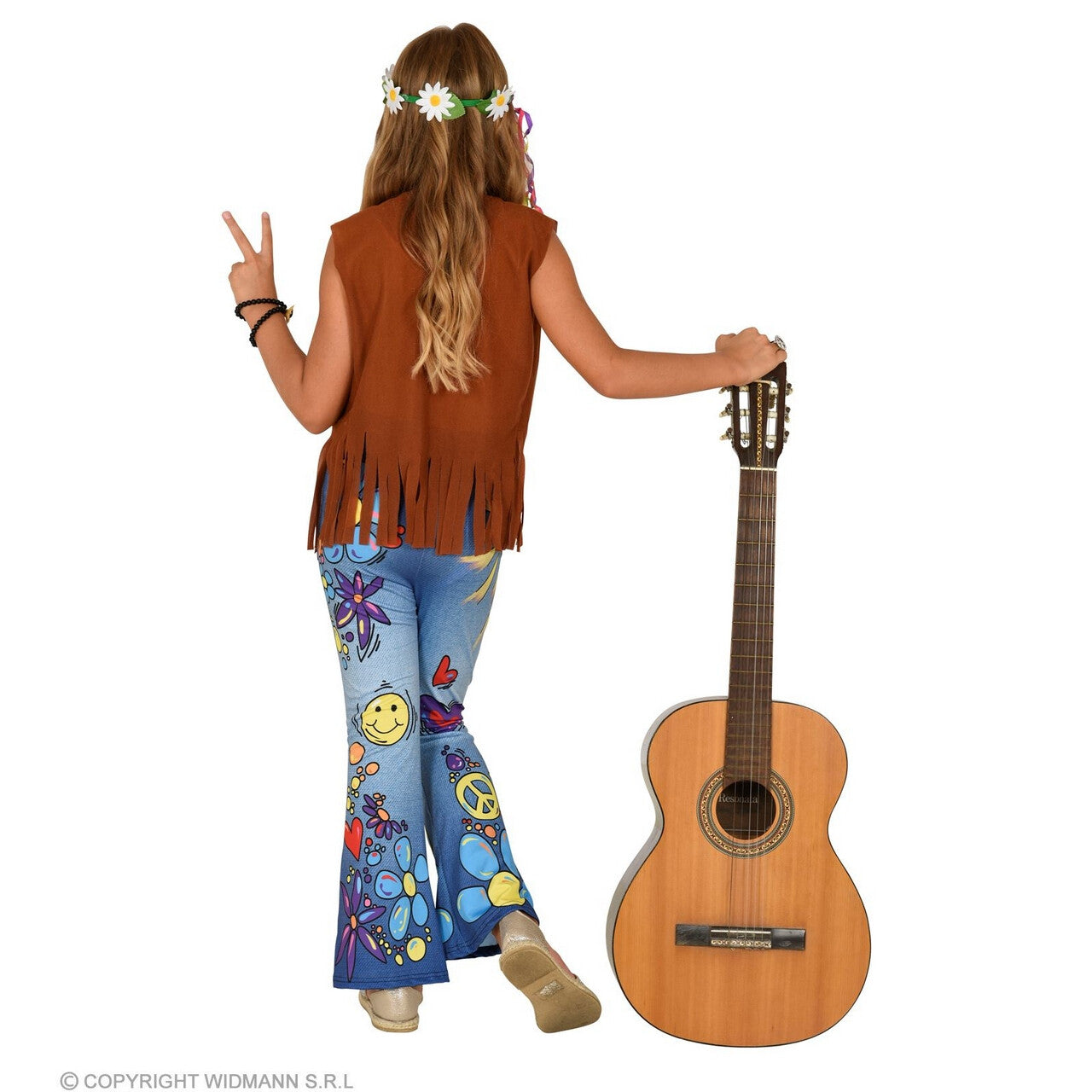 Op deze afbeelding zie je een Kostuums, van het merk Widmann. 70s Legging Hippie Peace To The World Meisje