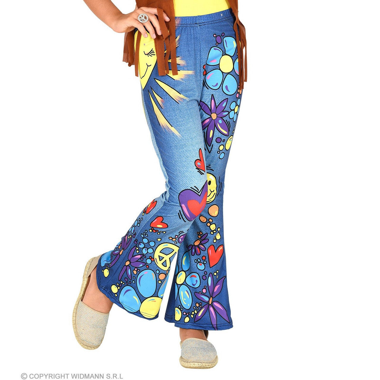 Op deze afbeelding zie je een Kostuums, van het merk Widmann. 70s Legging Hippie Peace To The World Meisje